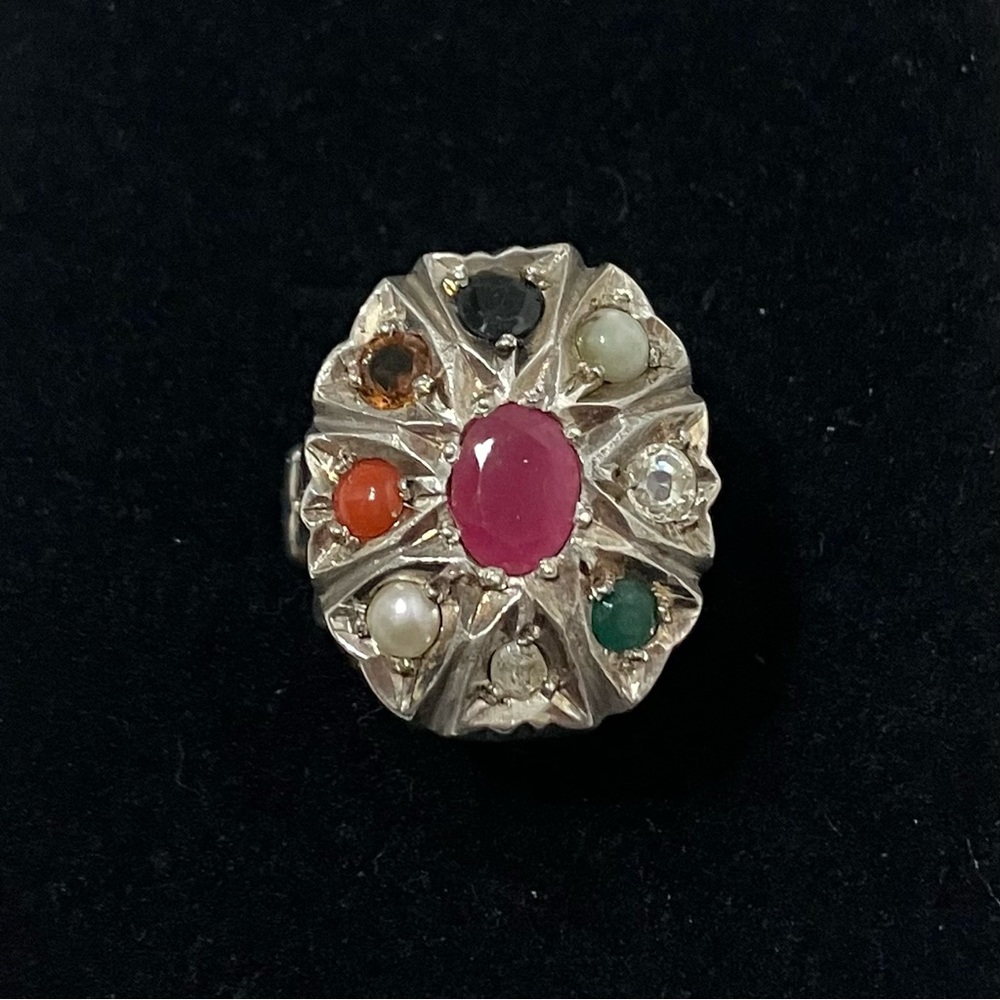 Sterling Silver Large Navratna Gemstone Ring